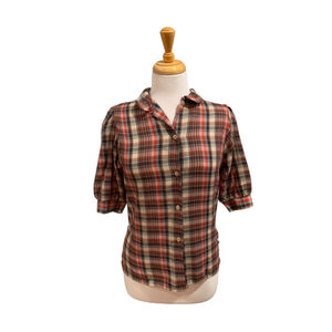 Vntg 80’s Women's White Stag Plaid Button Down short sleeved Shirt Red Brown M